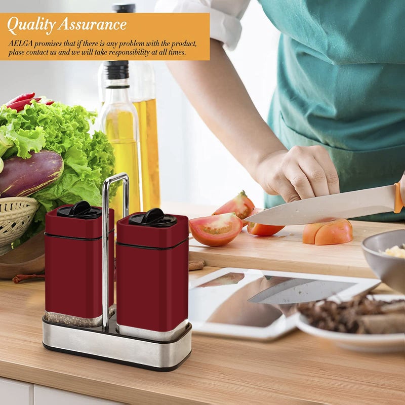 Aelga Red Salt and Pepper Shakers Set with Holder, Salt Shaker with Adjustable Pour Holes, Stainless Steel Refillable Spice Dispenser by Aelga - Image 4