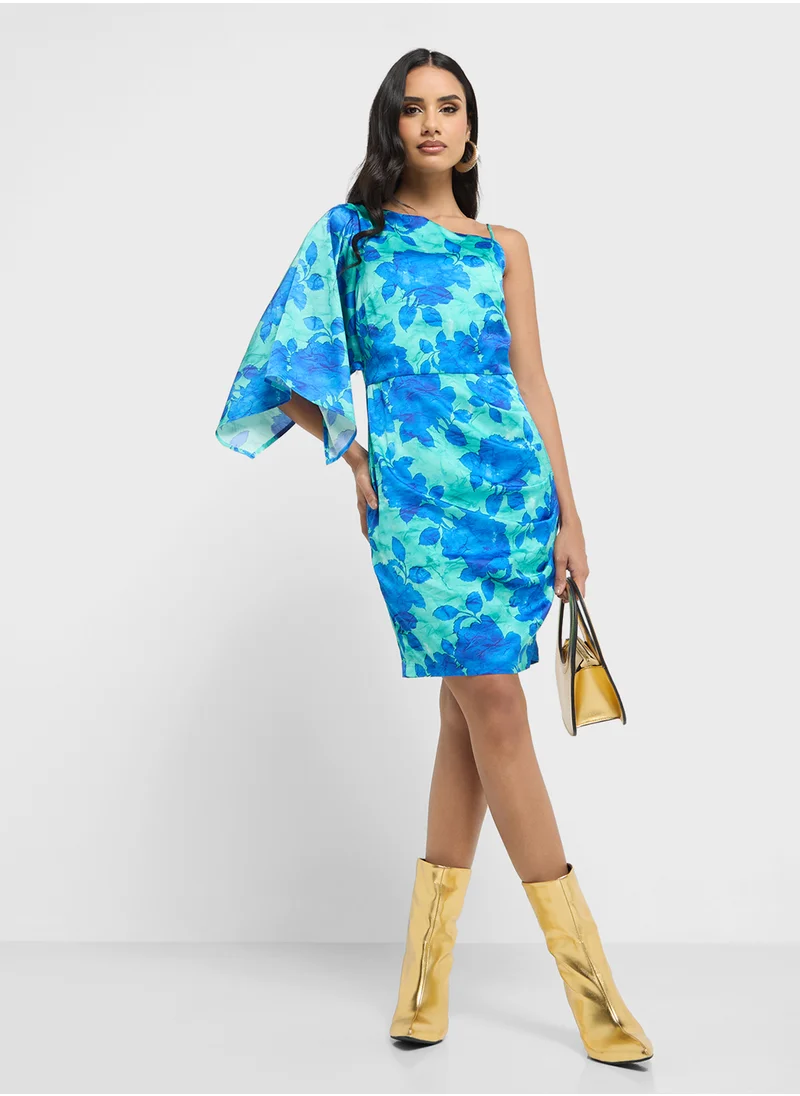 جس One Shoulder Floral Printed Dress