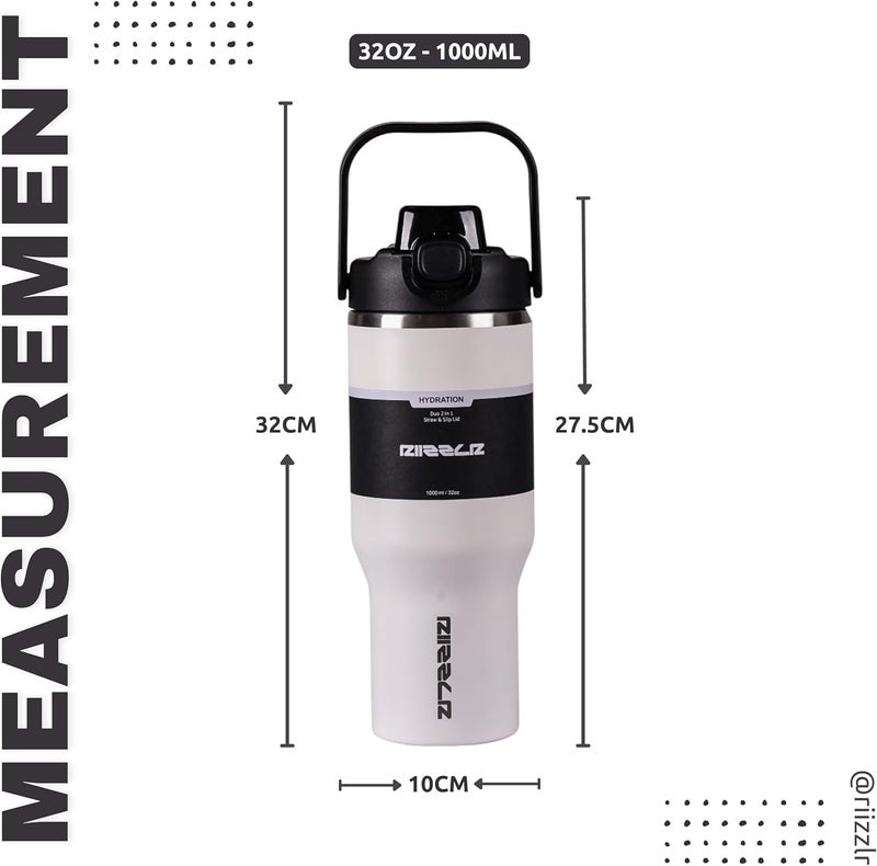 Riizzlr 1000ml Insulated Water Bottle Tumbler with 2-in-1 Straw & Sip Lid – Stainless Steel Vacuum Flask, Double Wall, BPA-Free, Leakproof, Wide Mouth, Keeps Drinks Hot 12H / Cold 24H (Glacier White) - Image 4
