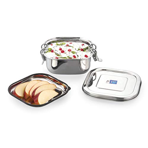 JVL Stainless Steel Lunch Box for Kids & Adults, Single Layer Leakproof Steel Tiffin Box for School & Office, Food Grade Silicone Seal - Square (Small Size) - Image 1