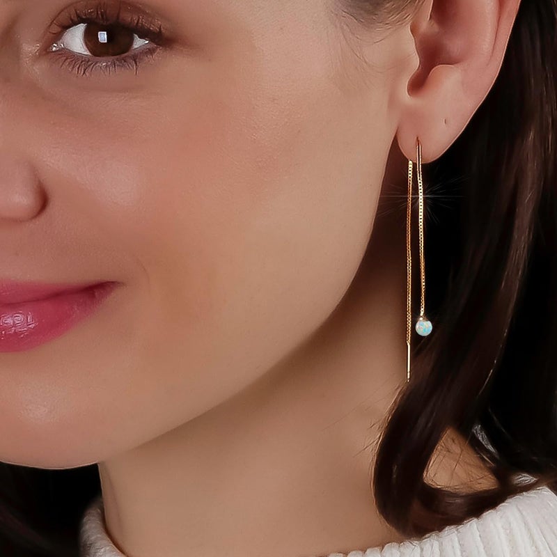 Humble Chic NY Created Opal Earrings for Women - Dangly Earrings Woman, White Opal 14K Gold Plated Long Drop Double Threaded Chain Dangles for Two Holes in 14K Gold Plated Threader - Image 2