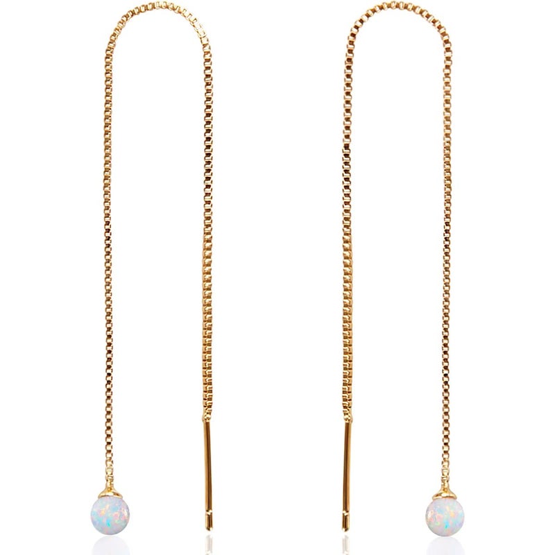 Humble Chic NY Created Opal Earrings for Women - Dangly Earrings Woman, White Opal 14K Gold Plated Long Drop Double Threaded Chain Dangles for Two Holes in 14K Gold Plated Threader - Image 1