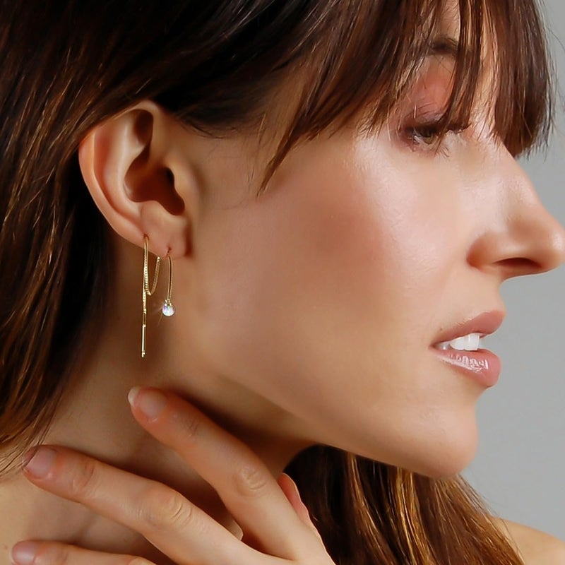 Humble Chic NY Created Opal Earrings for Women - Dangly Earrings Woman, White Opal 14K Gold Plated Long Drop Double Threaded Chain Dangles for Two Holes in 14K Gold Plated Threader - Image 4