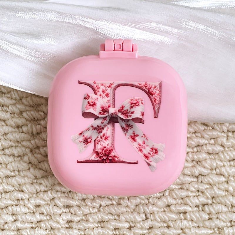Pink Bow Letter Pattern Square 2-in-1 Foldable Hair Comb Mirror Anti-Static Massage Fluffy Smooth for Curly Straight Hair Model FJ-P-F Suitable for Wedding Bridal Valentine Gifts - Image 1