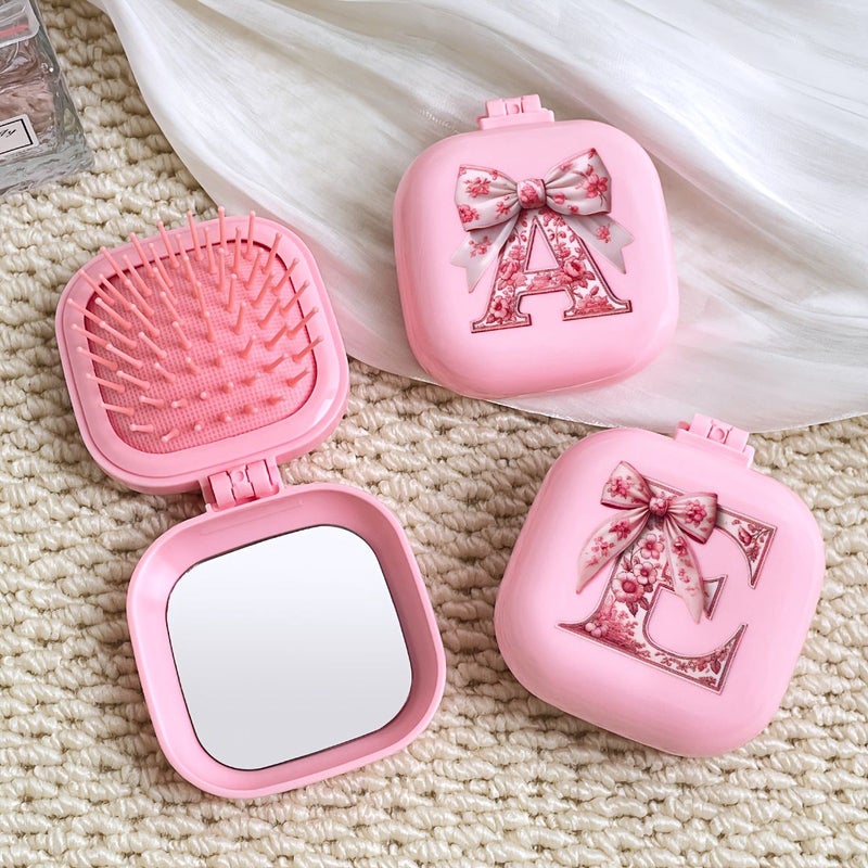 Pink Bow Letter Pattern Square 2-in-1 Foldable Hair Comb Mirror Anti-Static Massage Fluffy Smooth for Curly Straight Hair Model FJ-P-F Suitable for Wedding Bridal Valentine Gifts - Image 2
