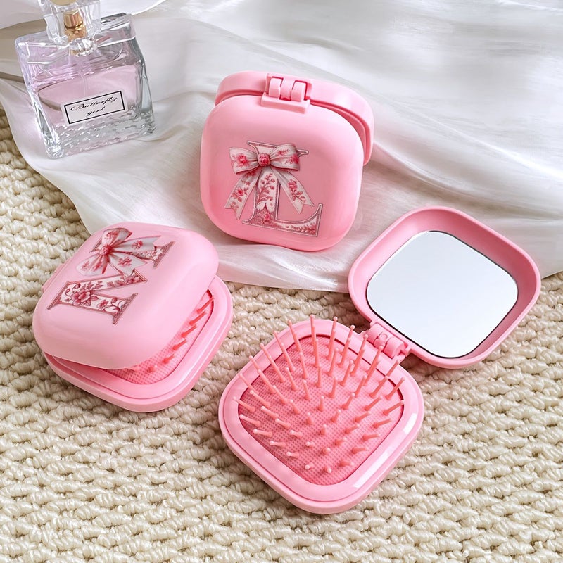 Pink Bow Letter Pattern Square 2-in-1 Foldable Hair Comb Mirror Anti-Static Massage Fluffy Smooth for Curly Straight Hair Model FJ-P-F Suitable for Wedding Bridal Valentine Gifts - Image 3