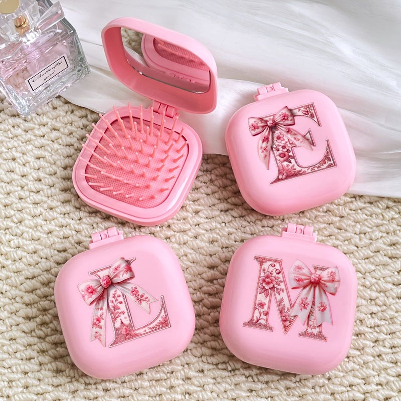 Pink Bow Letter Pattern Square 2-in-1 Foldable Hair Comb Mirror Anti-Static Massage Fluffy Smooth for Curly Straight Hair Model FJ-P-F Suitable for Wedding Bridal Valentine Gifts - Image 4