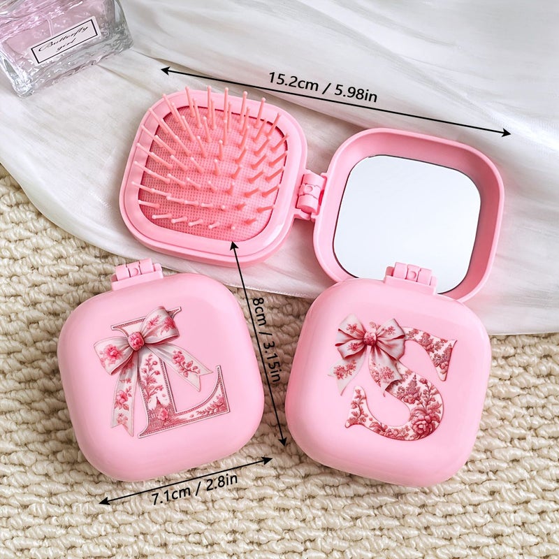 Pink Bow Letter Pattern Square 2-in-1 Foldable Hair Comb Mirror Anti-Static Massage Fluffy Smooth for Curly Straight Hair Model FJ-P-F Suitable for Wedding Bridal Valentine Gifts - Image 5