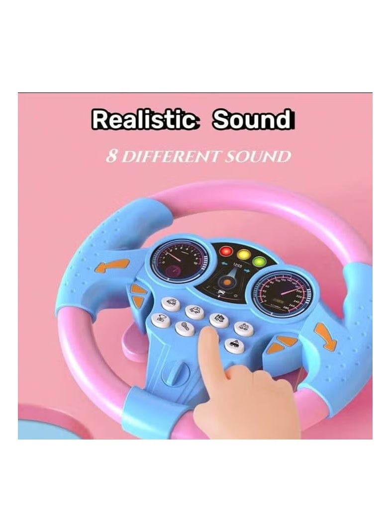 An educational and interactive toy that resembles a real steering wheel, equipped with buttons that produce realistic sounds such as a horn, engine, traffic lights, and more. Ideal for developing a child's imagination and teaching them the basics of driving in a fun and safe way. Designed in attractive colors (blue and pink) suitable for both girls and boys, it is lightweight for easy portability and use at home or while traveling. - Image 4