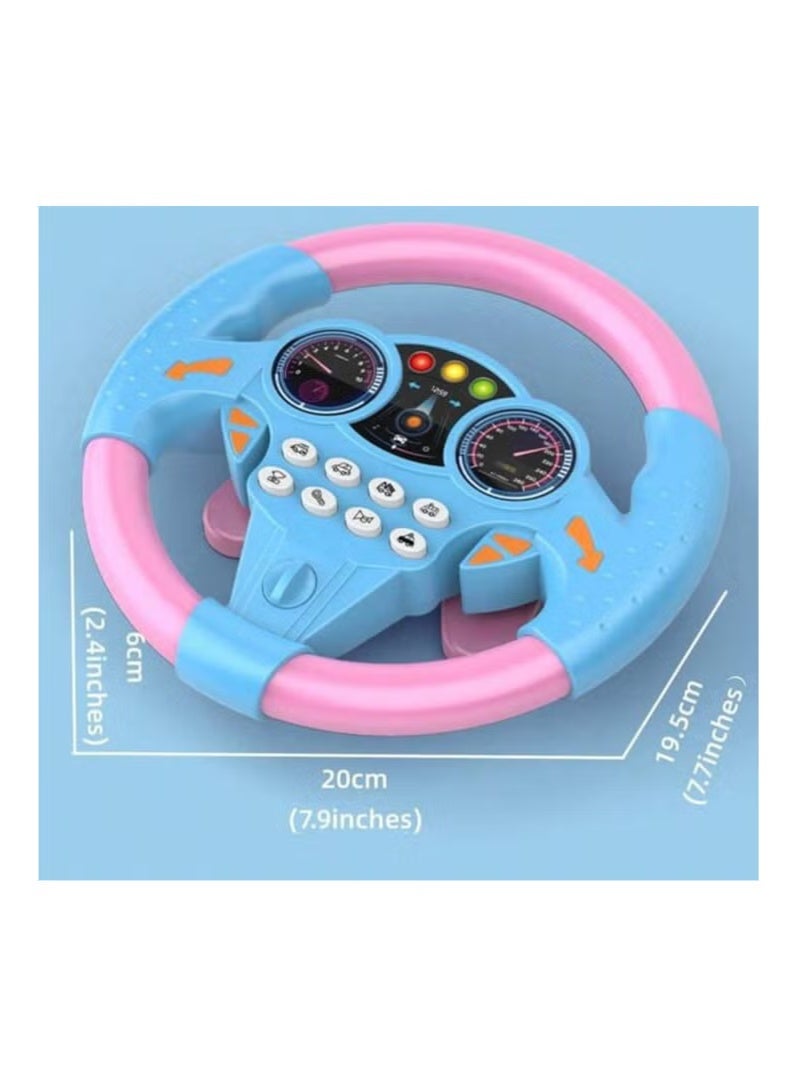 An educational and interactive toy that resembles a real steering wheel, equipped with buttons that produce realistic sounds such as a horn, engine, traffic lights, and more. Ideal for developing a child's imagination and teaching them the basics of driving in a fun and safe way. Designed in attractive colors (blue and pink) suitable for both girls and boys, it is lightweight for easy portability and use at home or while traveling. - Image 2