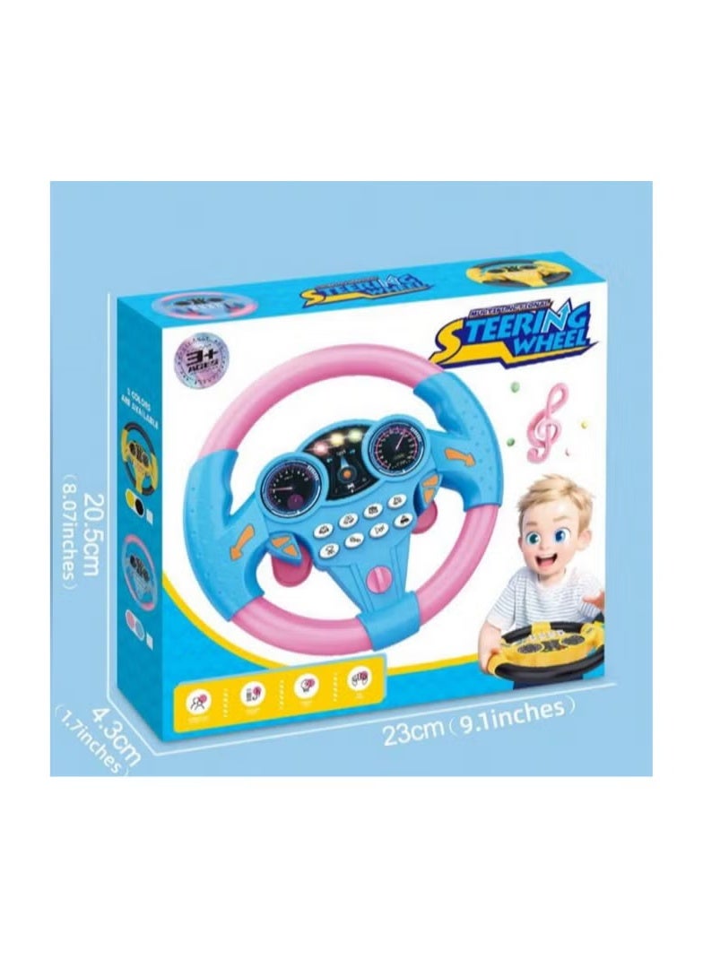 An educational and interactive toy that resembles a real steering wheel, equipped with buttons that produce realistic sounds such as a horn, engine, traffic lights, and more. Ideal for developing a child's imagination and teaching them the basics of driving in a fun and safe way. Designed in attractive colors (blue and pink) suitable for both girls and boys, it is lightweight for easy portability and use at home or while traveling. - Image 5