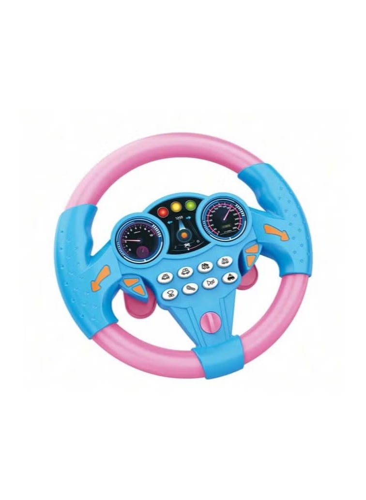 An educational and interactive toy that resembles a real steering wheel, equipped with buttons that produce realistic sounds such as a horn, engine, traffic lights, and more. Ideal for developing a child's imagination and teaching them the basics of driving in a fun and safe way. Designed in attractive colors (blue and pink) suitable for both girls and boys, it is lightweight for easy portability and use at home or while traveling. - Image 1