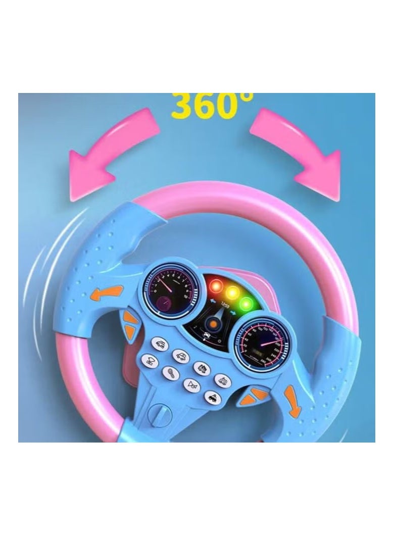 An educational and interactive toy that resembles a real steering wheel, equipped with buttons that produce realistic sounds such as a horn, engine, traffic lights, and more. Ideal for developing a child's imagination and teaching them the basics of driving in a fun and safe way. Designed in attractive colors (blue and pink) suitable for both girls and boys, it is lightweight for easy portability and use at home or while traveling. - Image 3
