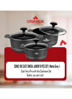 SONEX Sonex Omega Junior Diecast 8-Piece Cookware Set – Matte Gray Finish, Non-Stick, Sizes 20, 24, 28 cm, PFOA-Free, Dishwasher Safe, Long-Lasting Durability for Healthy Cooking  - Image 3