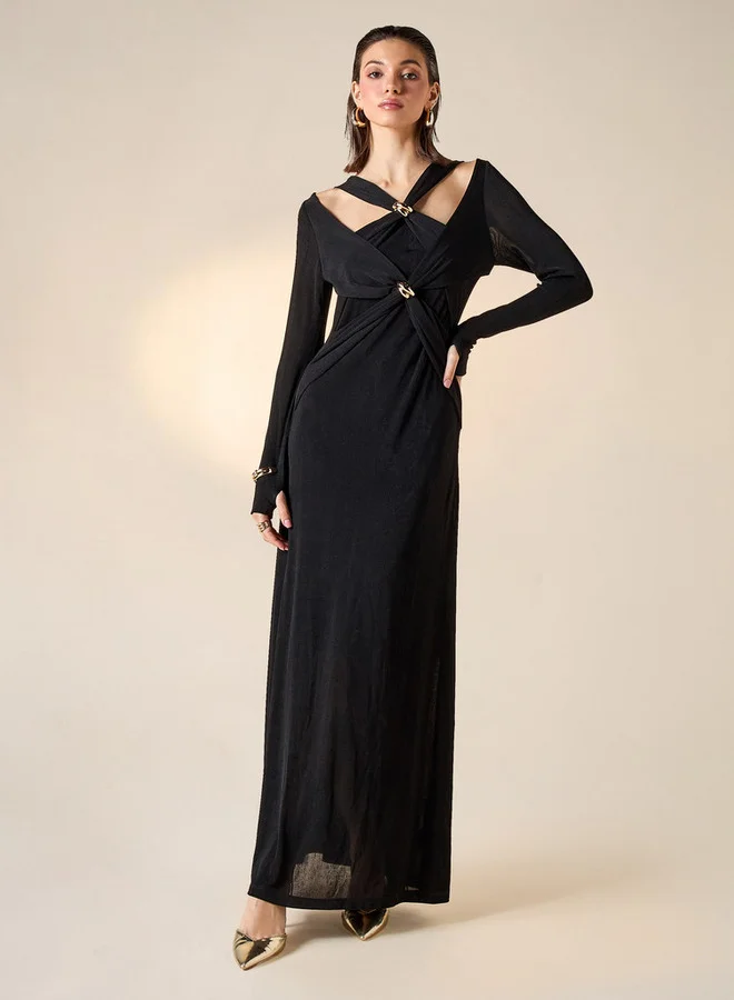 2Xtremz 2Xtremz Halter Neck Maxi Dress with Long Sleeves and Twisted Detail