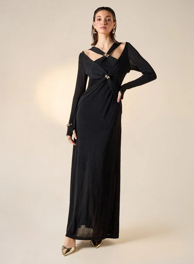 2Xtremz 2Xtremz Halter Neck Maxi Dress with Long Sleeves and Twisted Detail