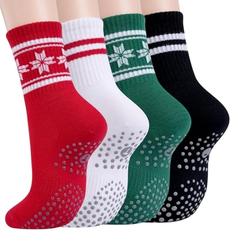 Loquat Pilates Socks for Women with Non Slip Grippers, Yoga Crew Socks for Barre Hospital Sticky Slipper Socks 4 Pairs - Image 1
