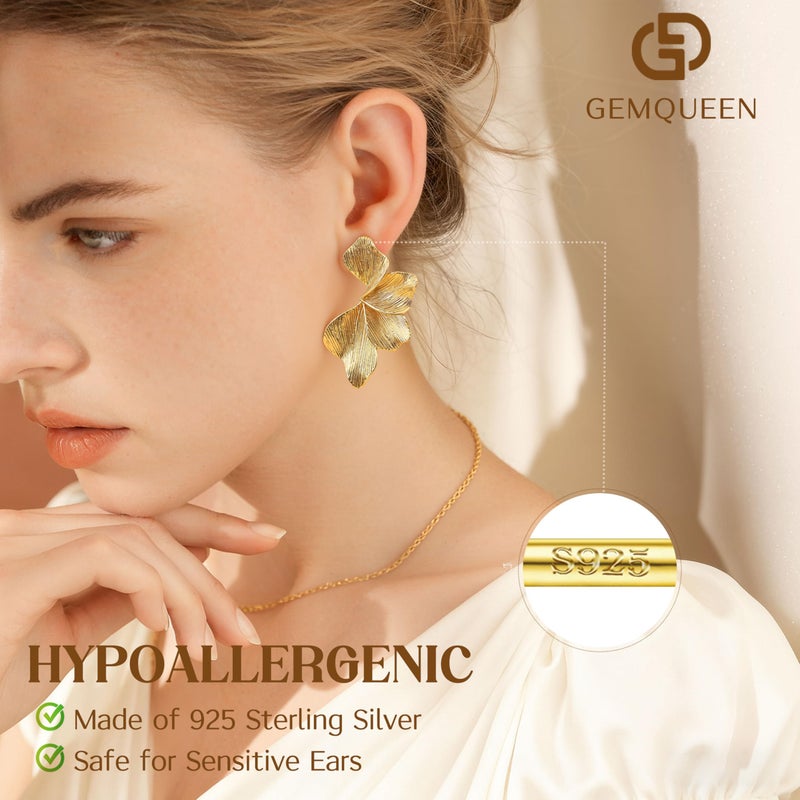 GEMQUEEN 925 Sterling Silver Post Statement Flower Earrings for Women Trendy : 14K Gold Plated Unique Dangle Earrings Hypoallergenic Stud Drop Earring Large Floral Chunky Women's Jewelry - Image 2