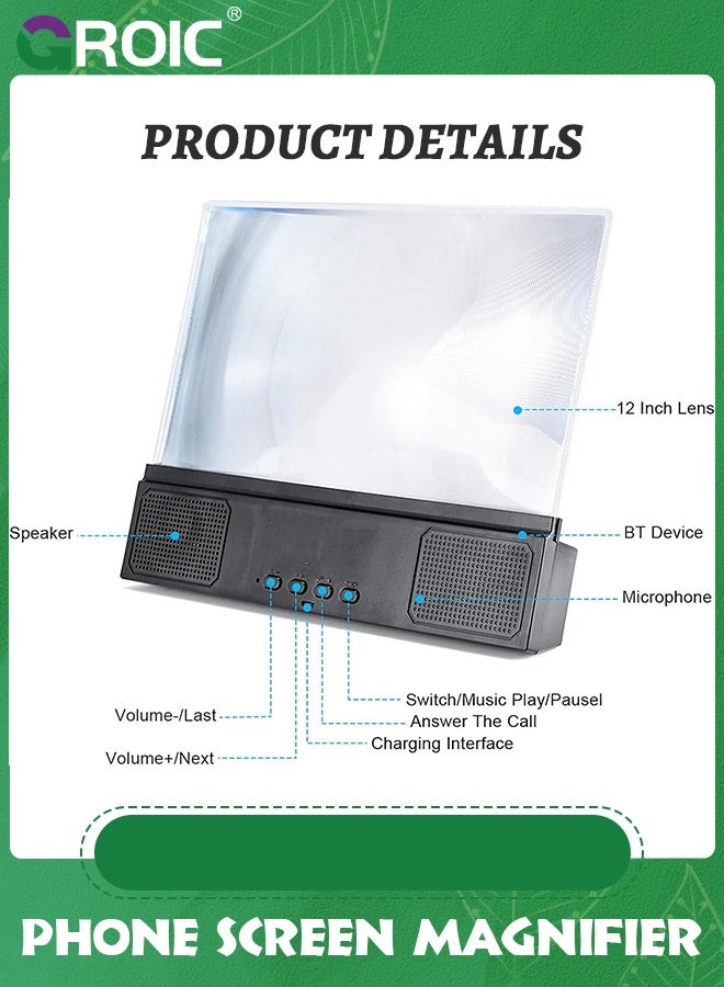 GROIC 12" 3D Cell Phone Screen Magnifier with Bluetooth Speakers, 3D Magnifier Projector Screen, HD Mobile Phone Stand with Screen Amplifier All Smartphones - Image 3