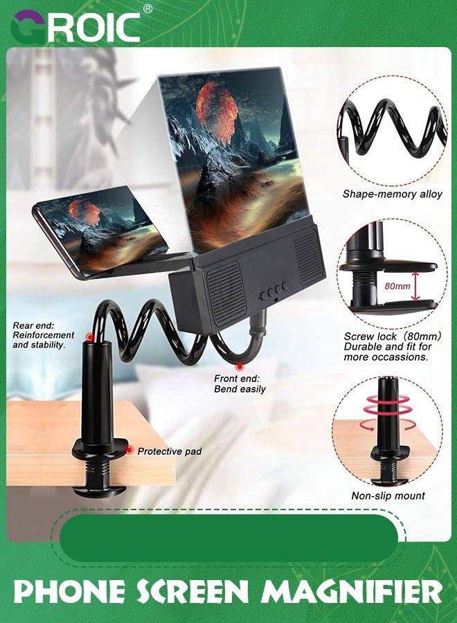 GROIC 12" 3D Cell Phone Screen Magnifier with Bluetooth Speakers, 3D Magnifier Projector Screen, HD Mobile Phone Stand with Screen Amplifier All Smartphones - Image 1