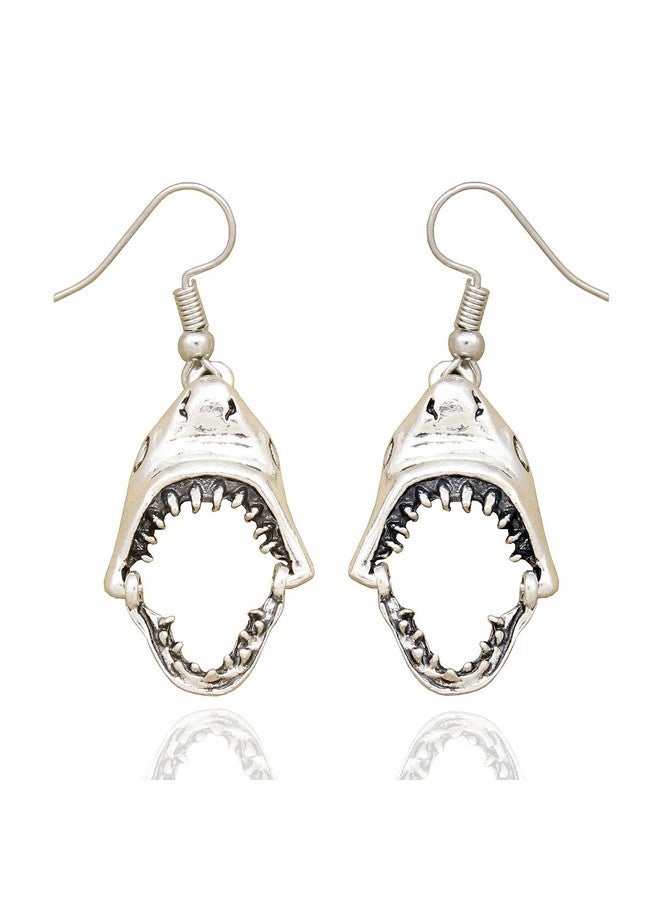 RechicGu Vintage Silver Shark Hinged Moveable Tooth Jaws Skull Hell Demon Mouth Dangle Earrings Fancy Dress - Image 1