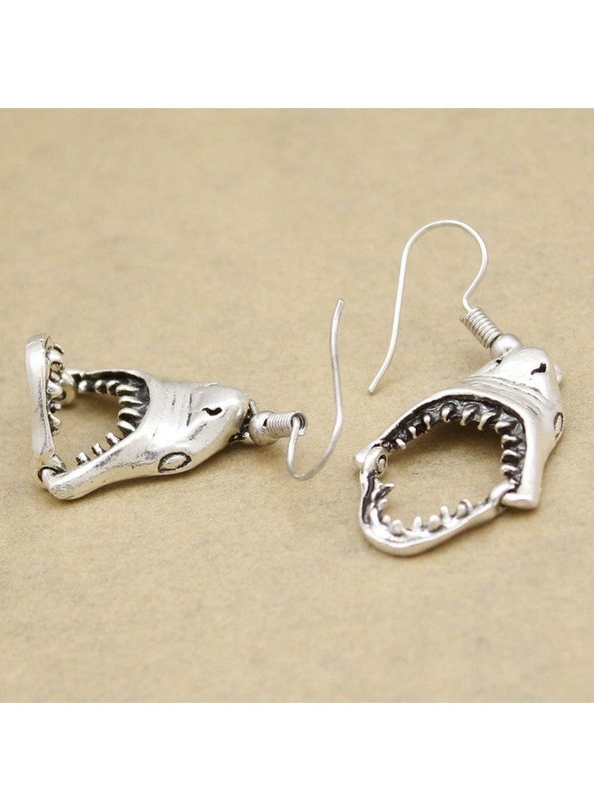 RechicGu Vintage Silver Shark Hinged Moveable Tooth Jaws Skull Hell Demon Mouth Dangle Earrings Fancy Dress - Image 4