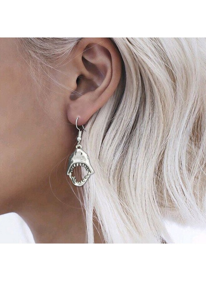 RechicGu Vintage Silver Shark Hinged Moveable Tooth Jaws Skull Hell Demon Mouth Dangle Earrings Fancy Dress - Image 2