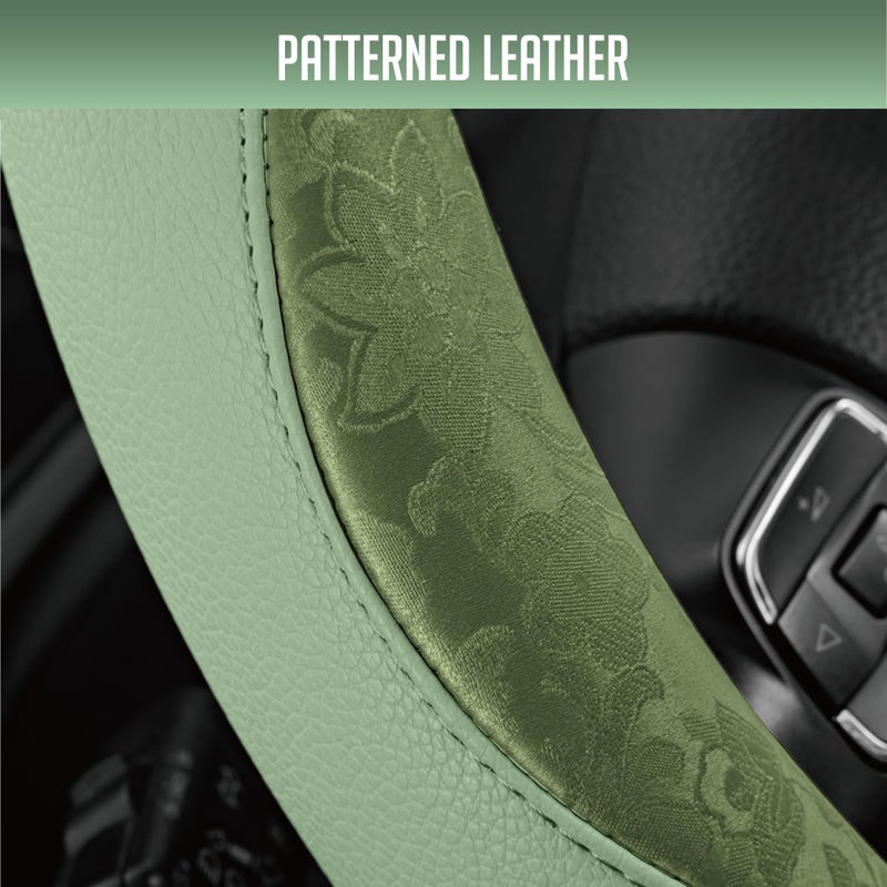 PIC AUTO Steering Wheel Cover, Green Patterned Leather Patchwork Design, Universal Fit 14.5"â€“15.5", Anti-Slip, Odor-Free, Soft PU Grain Leather, Durable Grip Car Accessory for Girls & Women - Image 3