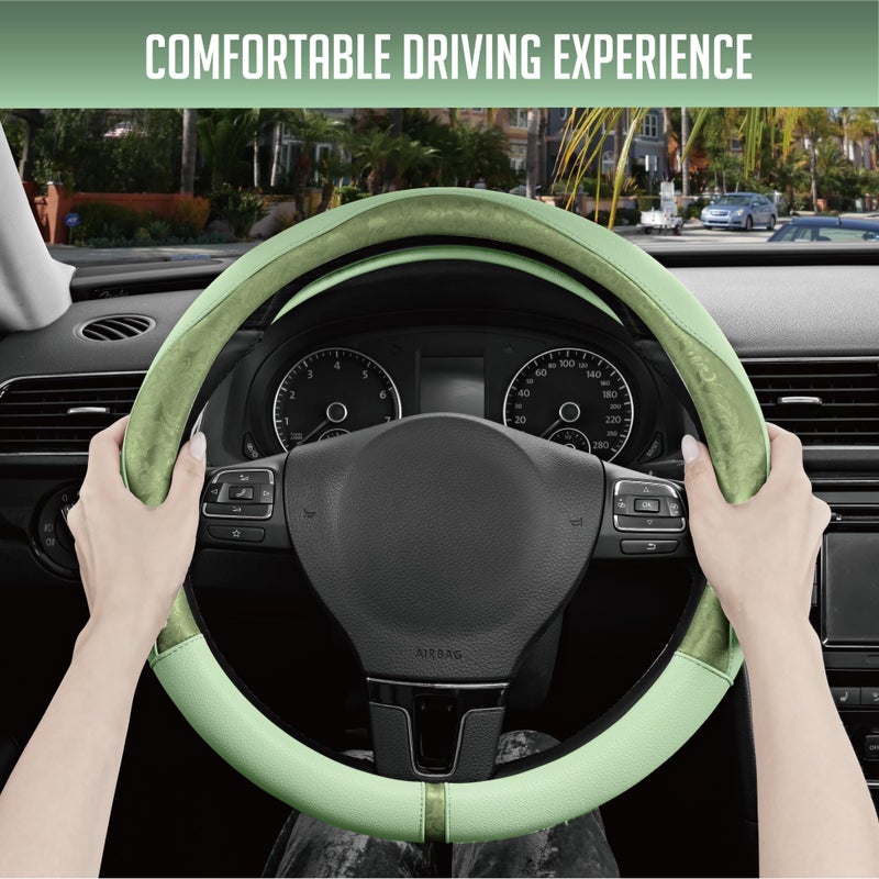 PIC AUTO Steering Wheel Cover, Green Patterned Leather Patchwork Design, Universal Fit 14.5"â€“15.5", Anti-Slip, Odor-Free, Soft PU Grain Leather, Durable Grip Car Accessory for Girls & Women - Image 5