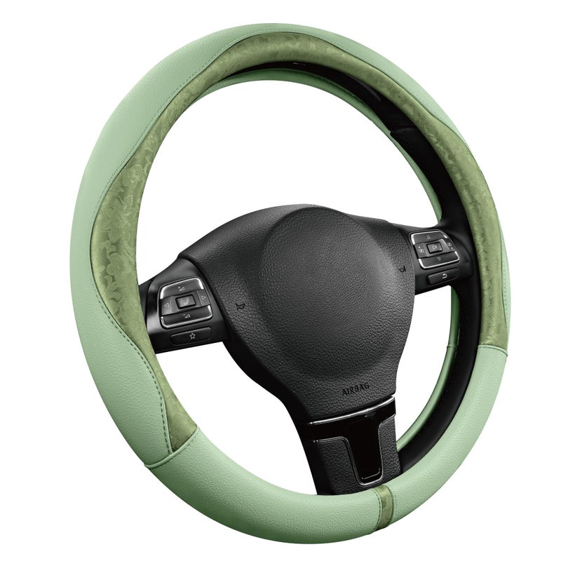 PIC AUTO Steering Wheel Cover, Green Patterned Leather Patchwork Design, Universal Fit 14.5"â€“15.5", Anti-Slip, Odor-Free, Soft PU Grain Leather, Durable Grip Car Accessory for Girls & Women - Image 1