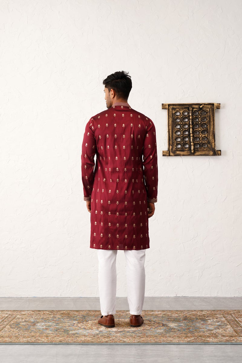 PRASHA Men's Maroon Chikankari Embroidered Kurta With Pyjama - Image 2
