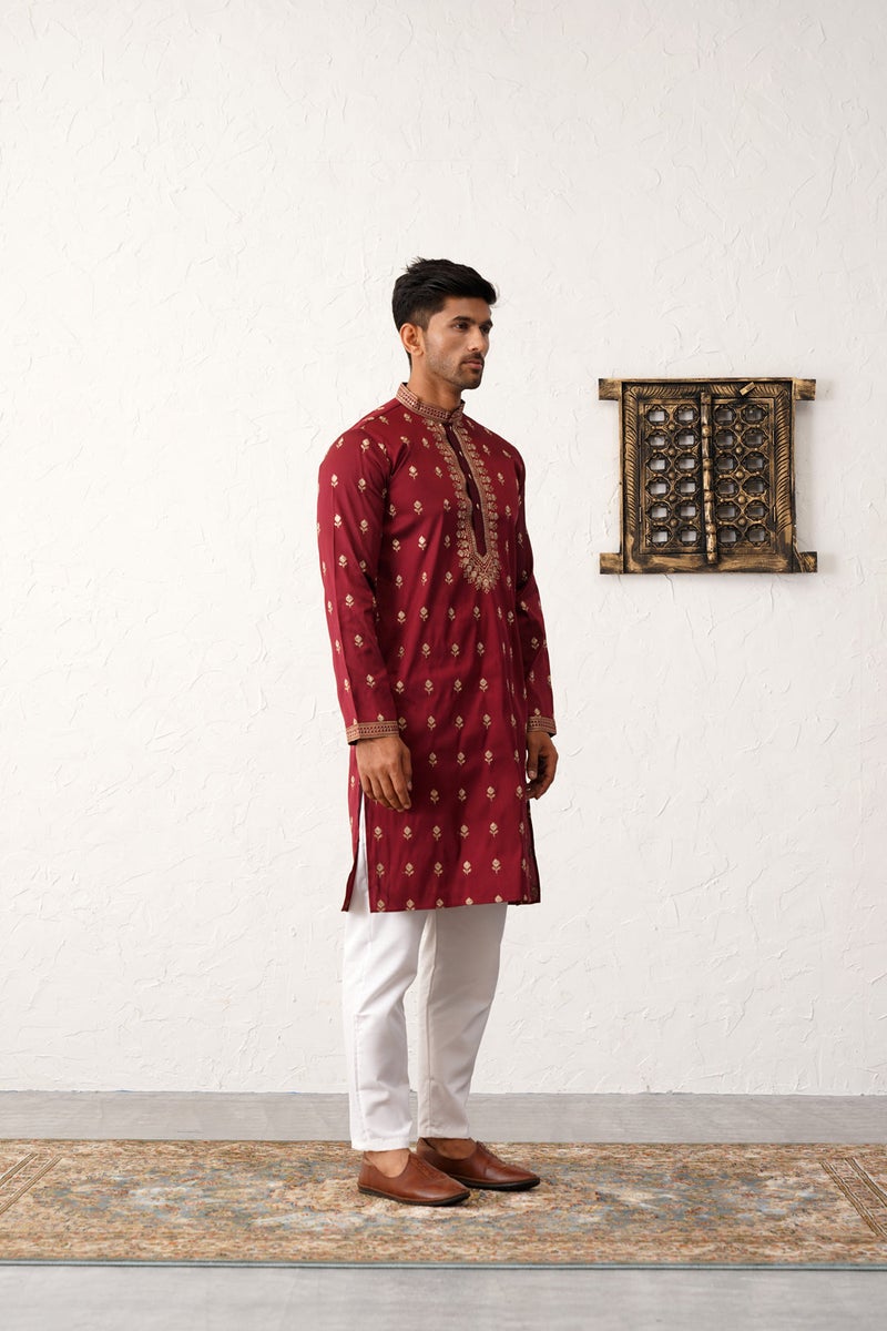 PRASHA Men's Maroon Chikankari Embroidered Kurta With Pyjama - Image 3