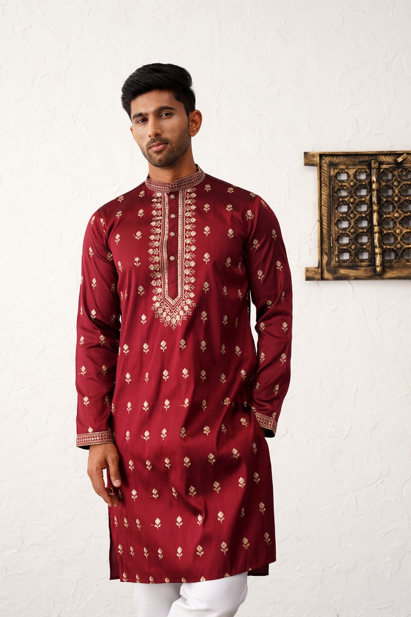 PRASHA Men's Maroon Chikankari Embroidered Kurta With Pyjama - Image 1