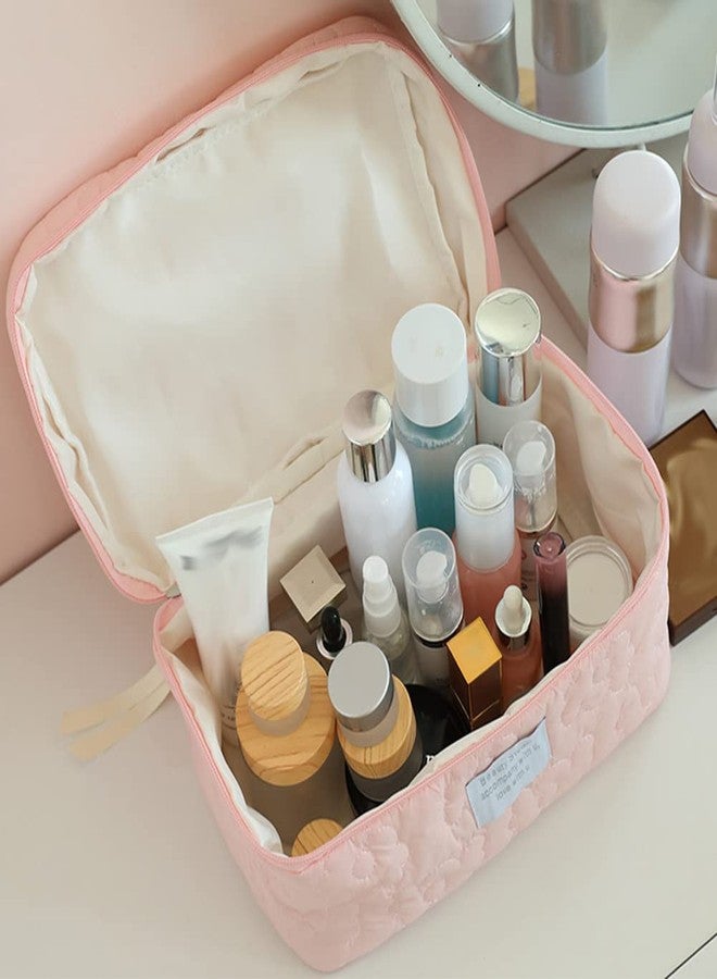 KROYWEN Makeup Bag Travel Cosmetic Bag Cute Cotton Toiletry Bag Quilted Flower Organizer Bag Large Capacity Handheld Portable Storage Zipper Purse for Women (Pink) - Image 3