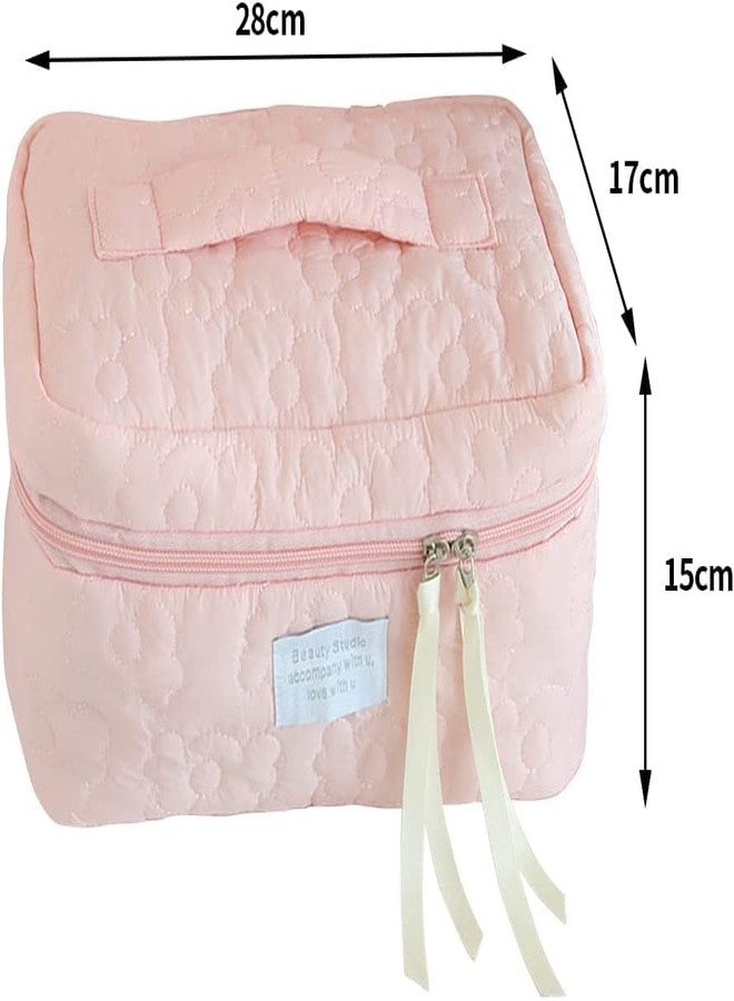 KROYWEN Makeup Bag Travel Cosmetic Bag Cute Cotton Toiletry Bag Quilted Flower Organizer Bag Large Capacity Handheld Portable Storage Zipper Purse for Women (Pink) - Image 5