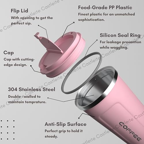 Castleite BrewGlide Travel Coffee Mug 6 & 8 Hours Hot & Cold 510ML Vacuum Insulated Stainless Steel Double Walled Sipper with Spill-Proof Flip Lid Design - Your Fancy Portable Companion (Blush Pink) - Image 3