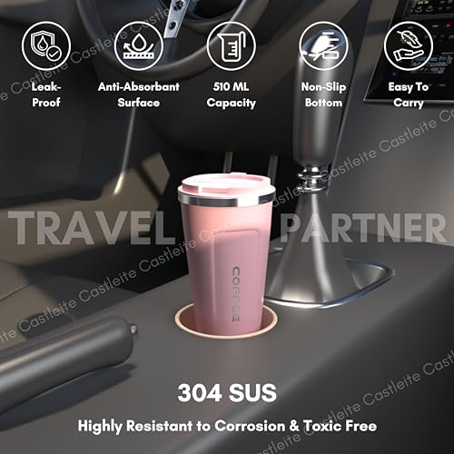 Castleite BrewGlide Travel Coffee Mug 6 & 8 Hours Hot & Cold 510ML Vacuum Insulated Stainless Steel Double Walled Sipper with Spill-Proof Flip Lid Design - Your Fancy Portable Companion (Blush Pink) - Image 4