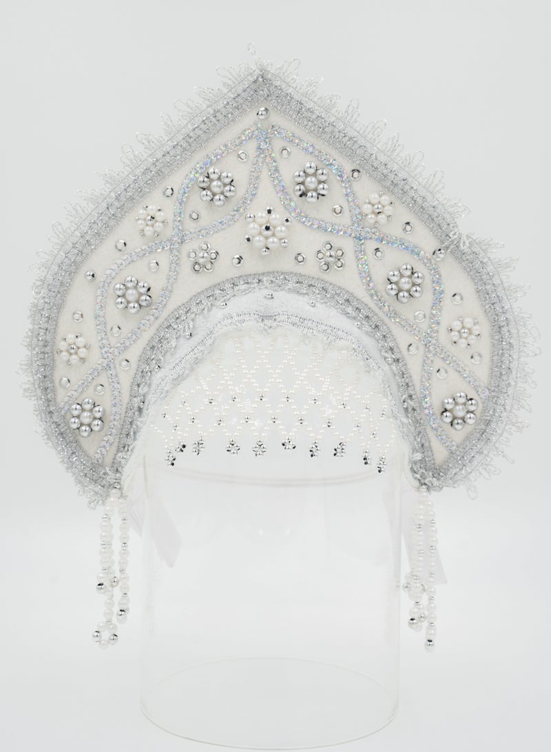D'Daniela Women's Girls Traditional Headdress Kokoshnik White with Silver in a wave crest shape  - Image 1