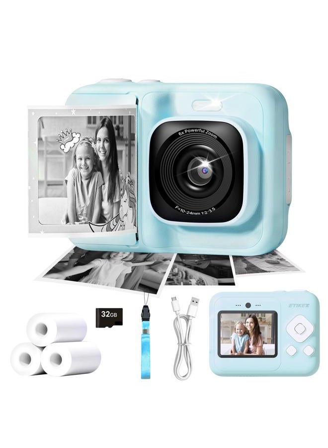 ETIKEZ Kids Camera, 1080P Instant Digital Print Camera for Kids, Christmas Birthday Gifts for 4 5 6 7 8 9 10 Year Old Girls Boys, Portable Toy with 32GB SD Card & 3 Rolls Printing Paper, Blue - Image 1