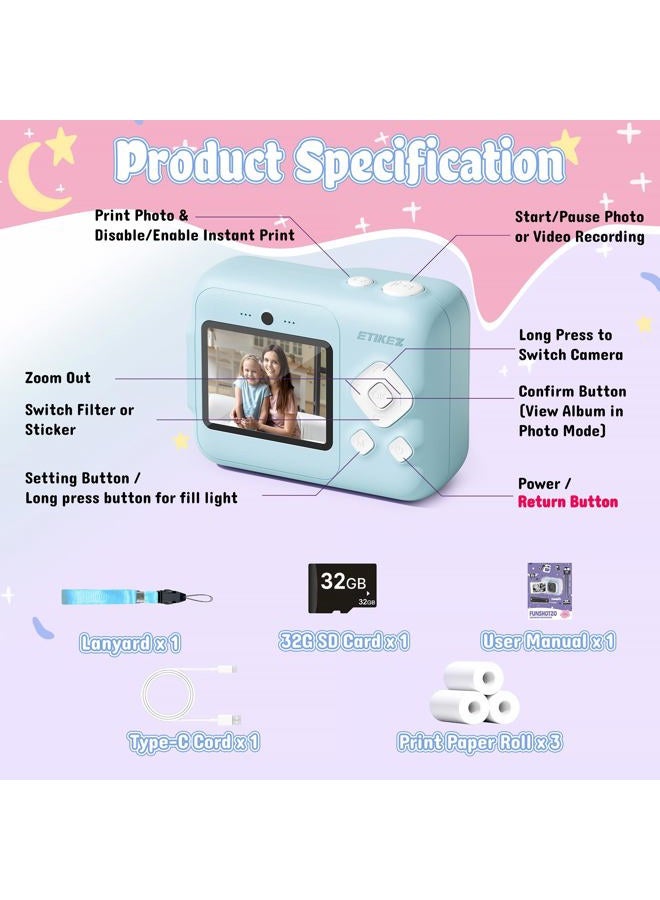 ETIKEZ Kids Camera, 1080P Instant Digital Print Camera for Kids, Christmas Birthday Gifts for 4 5 6 7 8 9 10 Year Old Girls Boys, Portable Toy with 32GB SD Card & 3 Rolls Printing Paper, Blue - Image 5