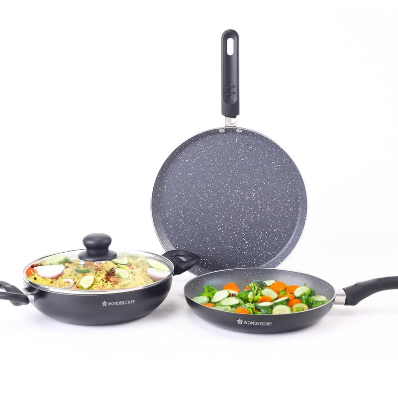 Wonderchef Wonderchef Sienna Non-Stick Cookware 4 Pc Set | Dosa Tawa, Fry Pan, Kadhai for Cutlets, Curries, Dosas | PFOA Free | Virgin Aluminium | Energy Efficient | Stylish Granite Finish | 2-Year Warranty - Image 1