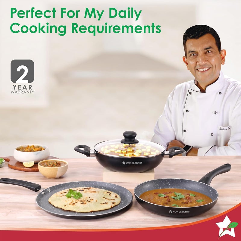 Wonderchef Wonderchef Sienna Non-Stick Cookware 4 Pc Set | Dosa Tawa, Fry Pan, Kadhai for Cutlets, Curries, Dosas | PFOA Free | Virgin Aluminium | Energy Efficient | Stylish Granite Finish | 2-Year Warranty - Image 2