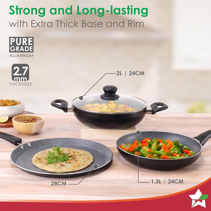 Wonderchef Wonderchef Sienna Non-Stick Cookware 4 Pc Set | Dosa Tawa, Fry Pan, Kadhai for Cutlets, Curries, Dosas | PFOA Free | Virgin Aluminium | Energy Efficient | Stylish Granite Finish | 2-Year Warranty - Image 3