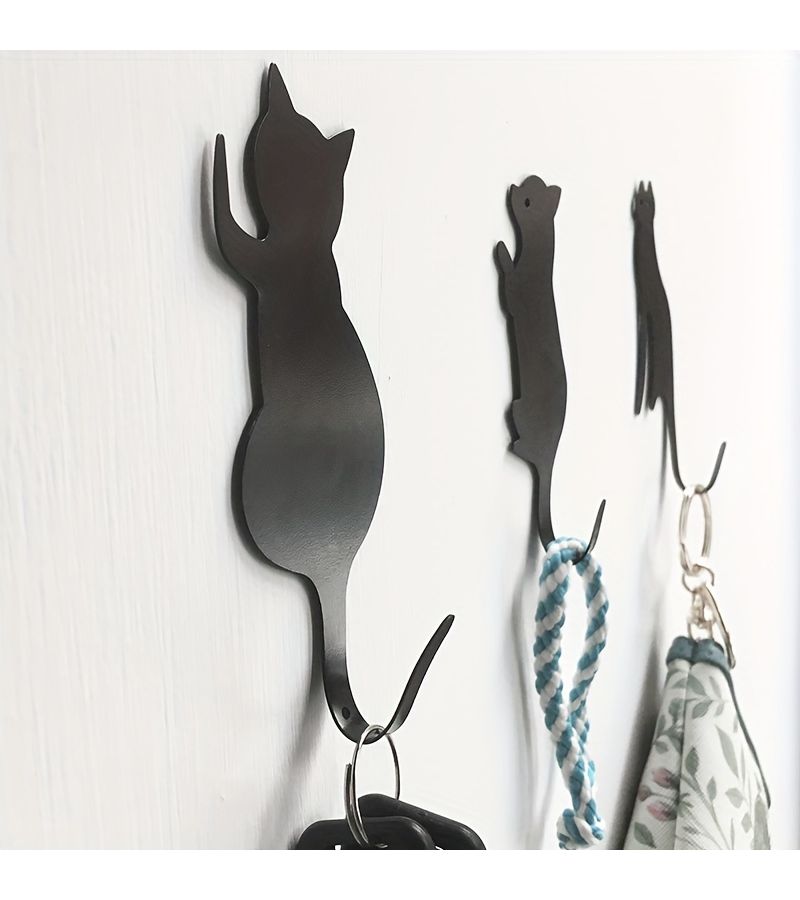 3pcs Black Cat And Dog Metal Hooks With Strong Adhesive Wall Mount No Nails Needed Bendable Tail Hold Up To 500g Utility Storage Hooks - Image 1