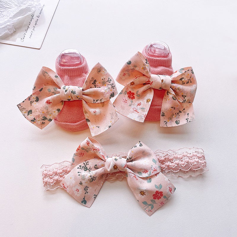 Generic Cute Newborn Socks and Headband Set Cartoon Korean Style Baby Accessories Pink floral combination 