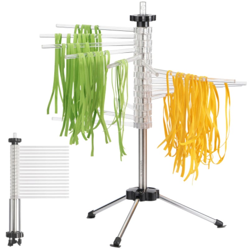 Navaris Collapsible Pasta Drying Rack - Tall Compact Spaghetti Noodle Stand with 16 Plastic Rods - Fresh Pasta Making Accessories - up to 2 kg (4.5 lbs) - Clear - Image 1