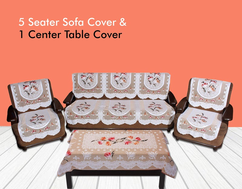 Yellow Weaves Polyester Floral 5 Seater Sofa and Chair Cover Set with 1 Center Table Cover - (Off White) - Image 2