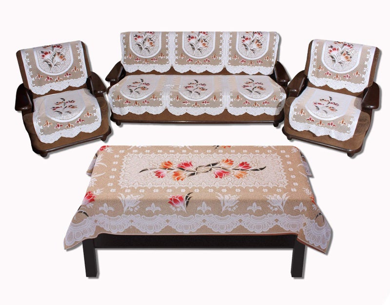 Yellow Weaves Polyester Floral 5 Seater Sofa and Chair Cover Set with 1 Center Table Cover - (Off White) - Image 1