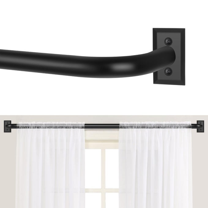 BLACK WRAP AROUND CURTAIN RODS 66 TO 120BLACKOUT HEAVY DUTY ADJUSTABLE LONG WINDOW CURTAIN ROD ROOM DARKENING MODERN INDUSTRIAL CURVED FRENCH RETURN METAL DRAPERY ROD EASY INSTALL MATTE BLACK