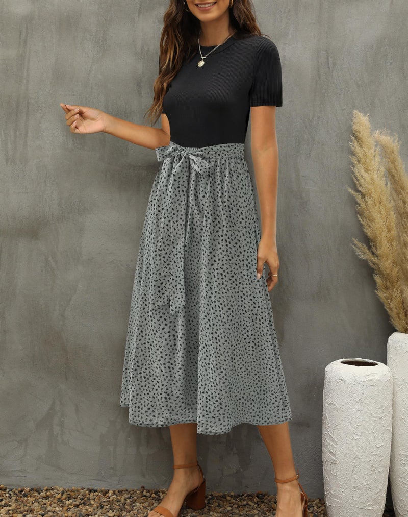 Zattcas Women 2026 Summer Dress Short Sleeve Ribbed Teacher Church Modest Business Casual Work Outfits Midi Dress with Pockets Blacksagegreen L - Image 4